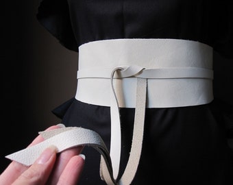 Handmade Ivory Italian Real Leather Obi Belt - Made to Order
