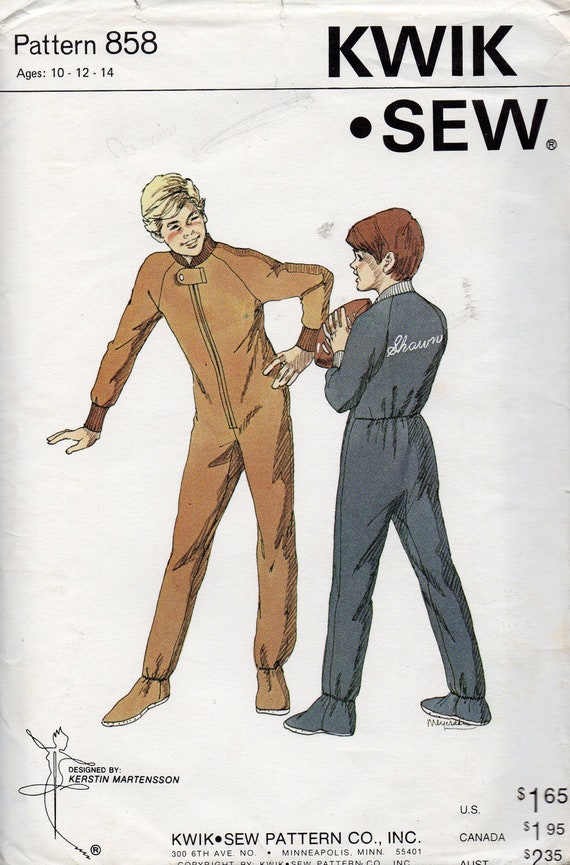 Kwik Sew 858  1970s  Boys Zip Front Footed Sleeper Childs Pre Teen  Vintage Sewing Pattern Pattern Size 10 - 12 - 14 Uncut