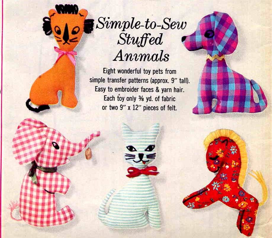vintage easy stuffed animals sewing transfer pattern