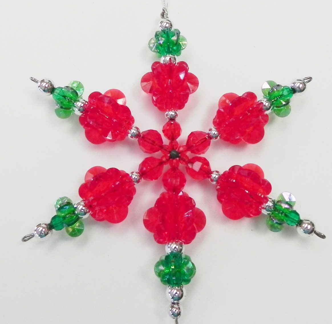 Snowflake Christmas Ornament Red Green Decoration Beaded