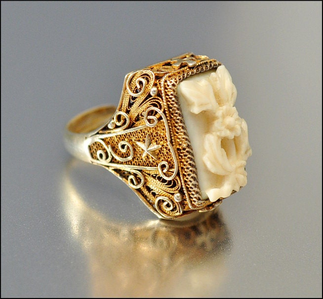 Art Deco Ring Silver Gold Chinese Ivory Carved Flower Star