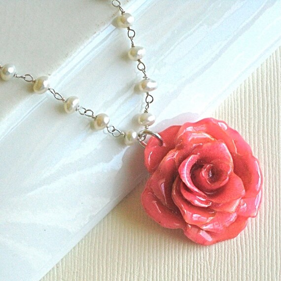 Real Rose Pearl Necklace Pink Sterling Silver by mcstoneworks