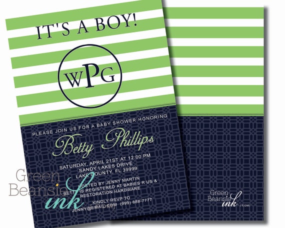 PREPPY MONOGRAM Printable Party Invitation - Navy and Kelly Green Printing Available Il_570xn
