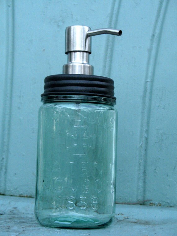 Canning jar soap dispenser Hero's Cross Blue Green Mason