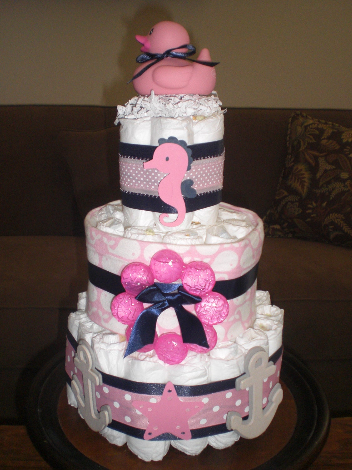 Nautical Girl Whale Seahorse Diaper Cake Baby Shower