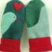 Eco Friendly Mittens Wool Sweater Bird Mittens Felted Wool Green, Turquoise and Red Applique Fleece Lining Suede Palm Eco Friendly Size S