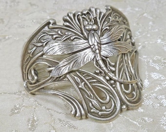 Art Nouveau Jewelry Dragonfly Half Cuff Bracelet Statement Jewelry in Silver OX, Dark Silver, or Antiqued Brass