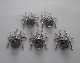 Black Gemstone Spider Charms- 5 charms- silver charms