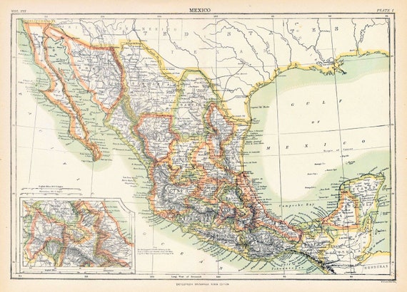 1890s Antique Map of Mexico