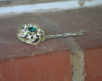 H76 Vintage Upcycled Emerald Green Rhinestone Hair Pin