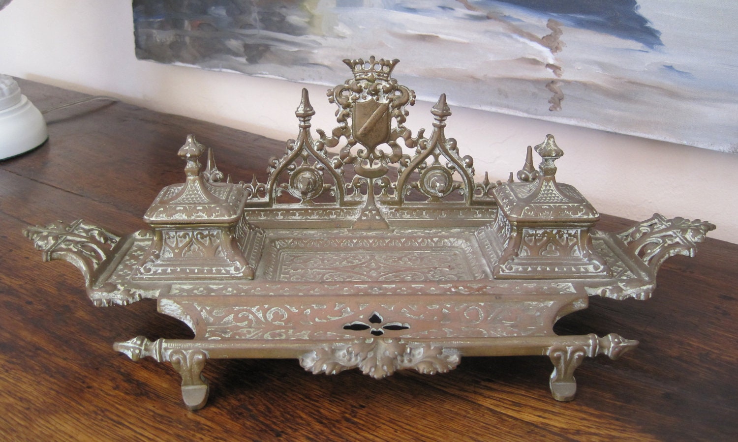 Very Ornate Victorian Brass Desk Set Inkwell Deep Patina Crest