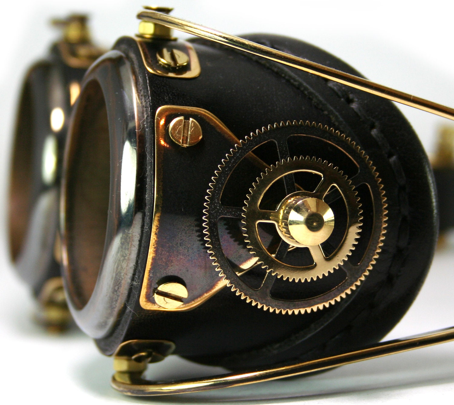 Steampunk Goggles Black Leather Blackened Brass Gears By Mannandco
