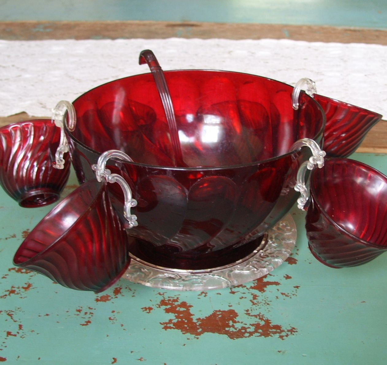 Vintage Ruby Red Irwin Plastic Childs Punch Bowl Set