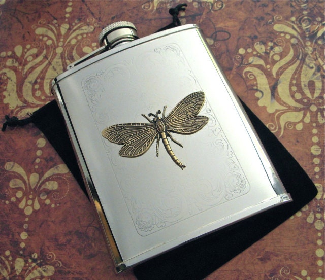 Dragonfly Flask Antiqued Brass Dragonfly Winged by CosmicFirefly