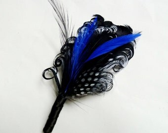 Feather Boutonniere Lapel Pin in Black White and Royal Blue Feathers - COLWELL
