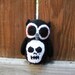 Little Black Plush Crochet Owl, with skull applique, amigurumi owl, ready to ship.