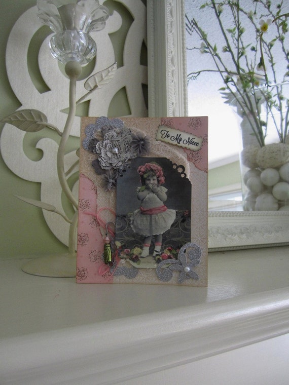 Handmade Card for Niece Pink Girl Card Vintage by AvantCarde