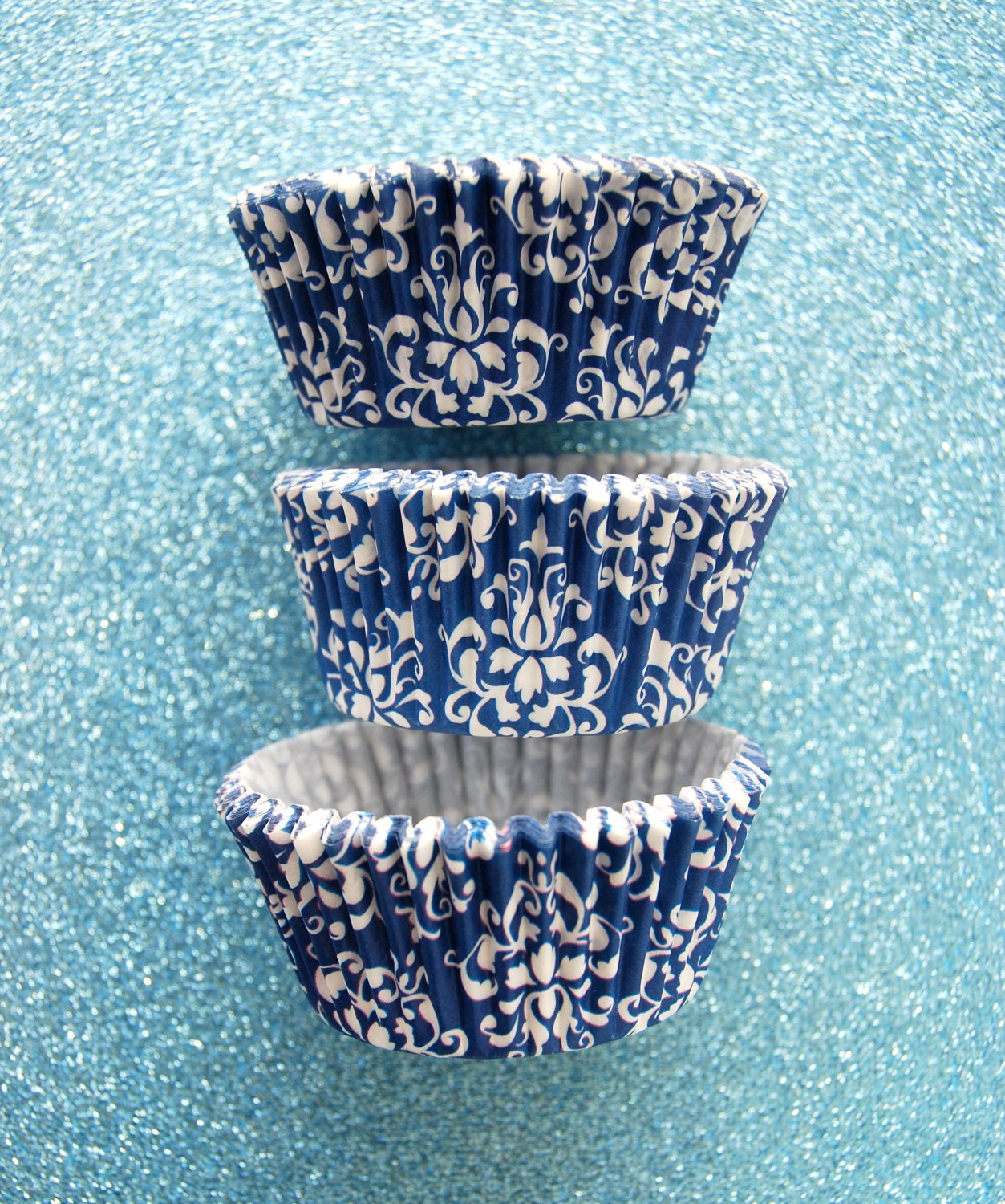 White and Royal Blue Damask Cupcake Liners by CupcakeSocial