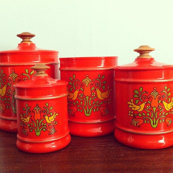Vintage Orange Kromex Bird Canisters SET OF FOUR by