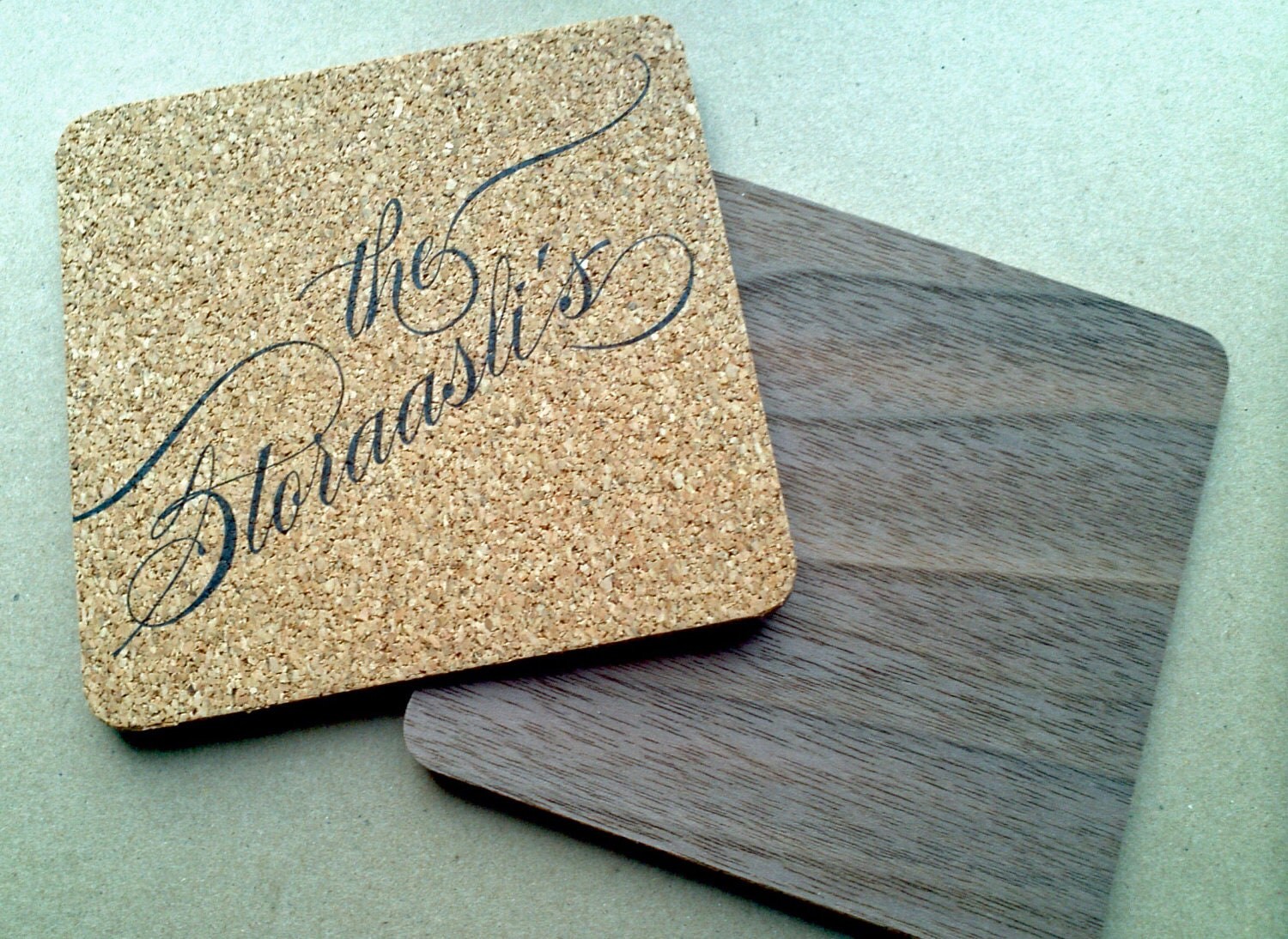 Custom Cork and Wood Coasters Letterpress Printed set by ideachic