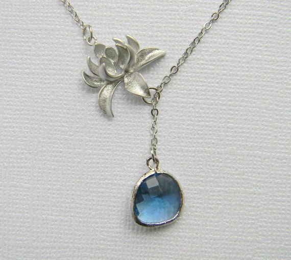 Items similar to Silver Lotus Flower Lariat - Sapphire Blue Lariat ...
