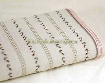 SALE CLEARANCE Stripe Collection-Embroidery Chic Coffee Flowers and Stripes On Beige-Natural Pure Linen Fabric (1 Yard)