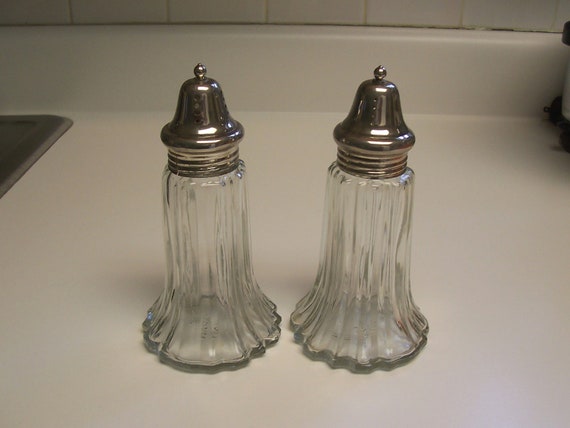 Antique Glass Salt And Pepper Shakers With Silverplate Tops