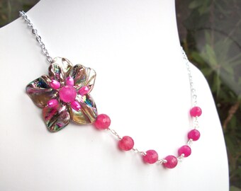 Pink flower necklace, asymmetrical beaded wire wrapped flower jewelry with mauve MOP, pink pearl, and pink quartz beads silver chain