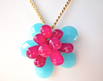 Flower jewelry, Fuchsia and Aqua Blue Flower necklace wire wrapped gemstone beaded flower pendant on goldplated chain