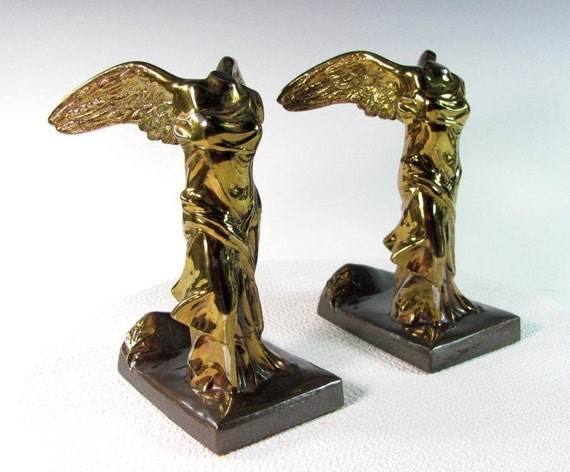 WINGED VICTORY Bookends Art Nouveau Deco Angel Figure Bronze