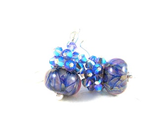 Blue Purple Earrings, Purple Crystal Earrings, Boro Lampwork Earrings, Cluster Earrings, Beadwork Earrings, Glass Earrings - Dragons