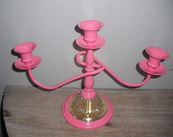 Upcylceld PINK CANDELABRA ... 3 arm pink and glass candle holder