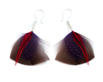 Spotty Feather Earrings in Chocolate Brown and Purple with Red Accents