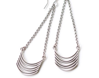Unique and visually prominent silver earrings, stylish composition of curved rectangular wires hung from rolo chain - "Tribe Earrings"