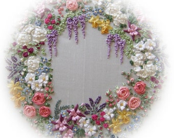 Garland of Silk Ribbon flowers - Pattern and Print embroidery kit