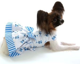 White Dog Dress with Blue and White Tents