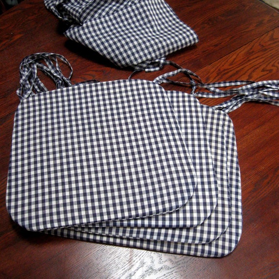 Vintage Gingham Chair Pads and Table Cloth Cotton Blue and