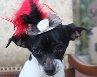 Cute cream color mini hat with feather and flowers for dog or cat