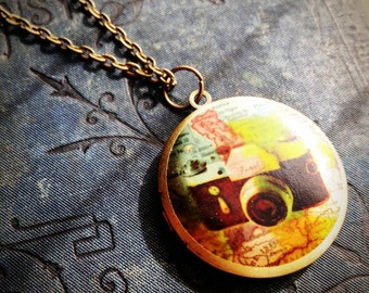 Locket Necklace - Vintage Camera - Vintage Illustration - Antique Map - Colorful Bright - Upcycled Salvage Jewelery