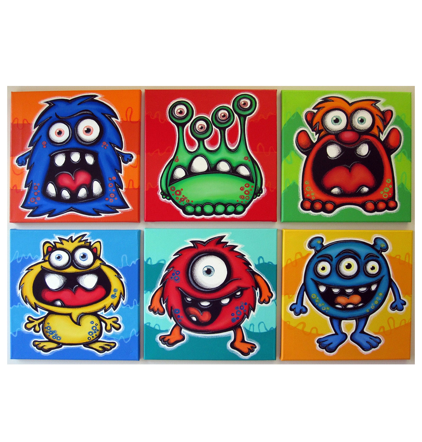 mANy mONsTERs set of 6 12x12 original painings on canvas