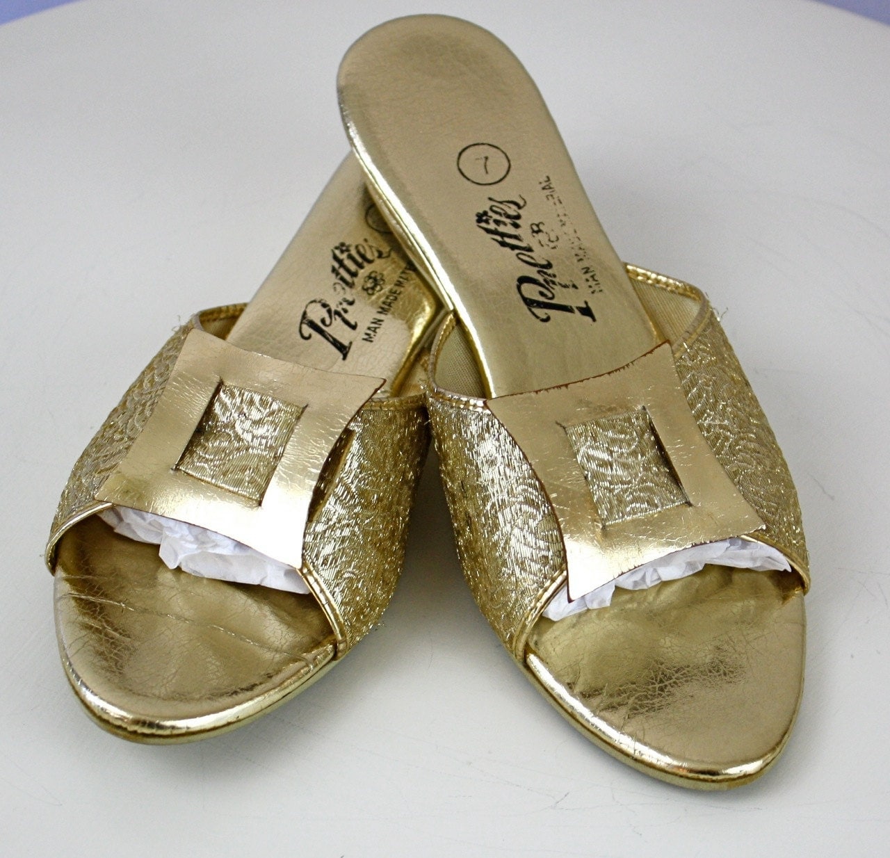 Vintage 60s Gold Lame' Slippers Shoe Gold Brocade w by jantiques