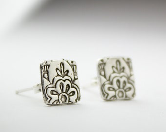 Square silver post earrings with floral mehndi print, mehndi earrings, lotus flower earring, square stud earrings