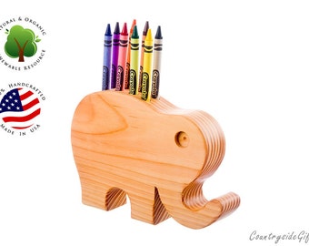 Crayon Holder - Wooden Elephant Crayon Holder - Handcrafted Natural and Organic Wood Crayon Holder - Wooden Crayon Elephant Holder 8 Crayons