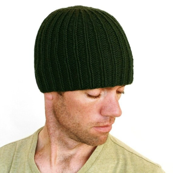 Chris Mens Beanie Hat Hand Knit Cap Forest Green M L XL by KarinSF