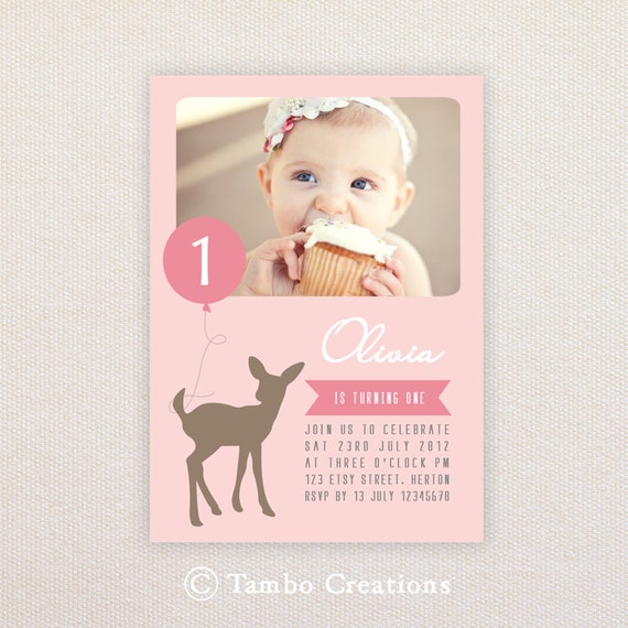 Girls Birthday Party Invitations. Deer & balloon. I Customize, You Print. Il_570xn