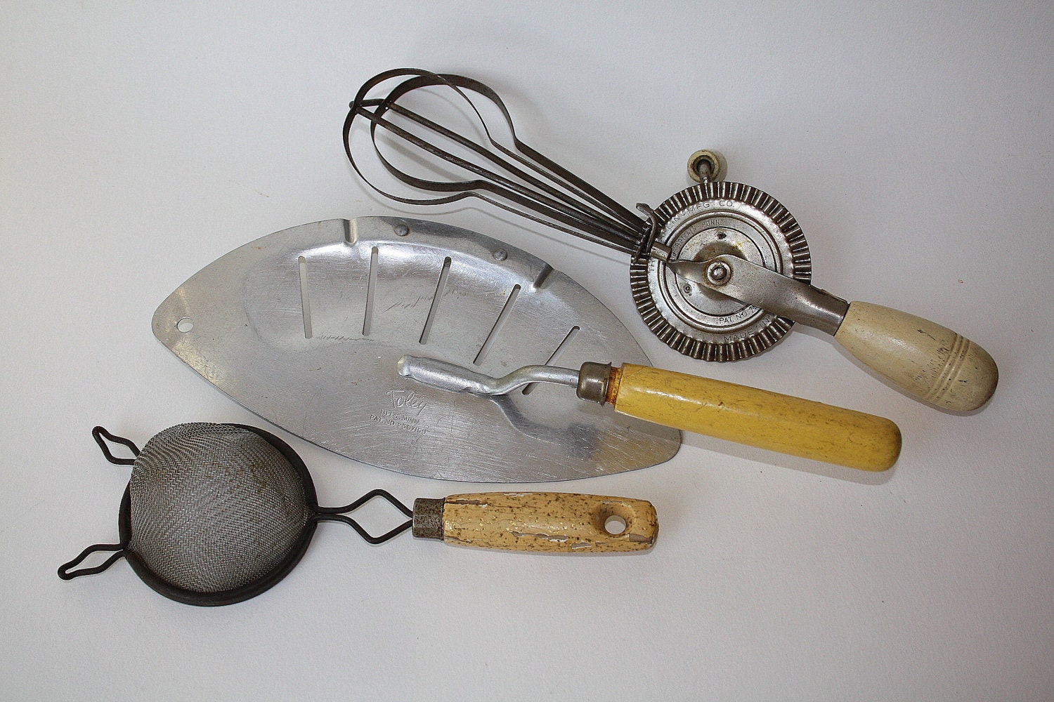 Vintage Kitchen Utensils Hand Mixer Strainer and Wire Strainer