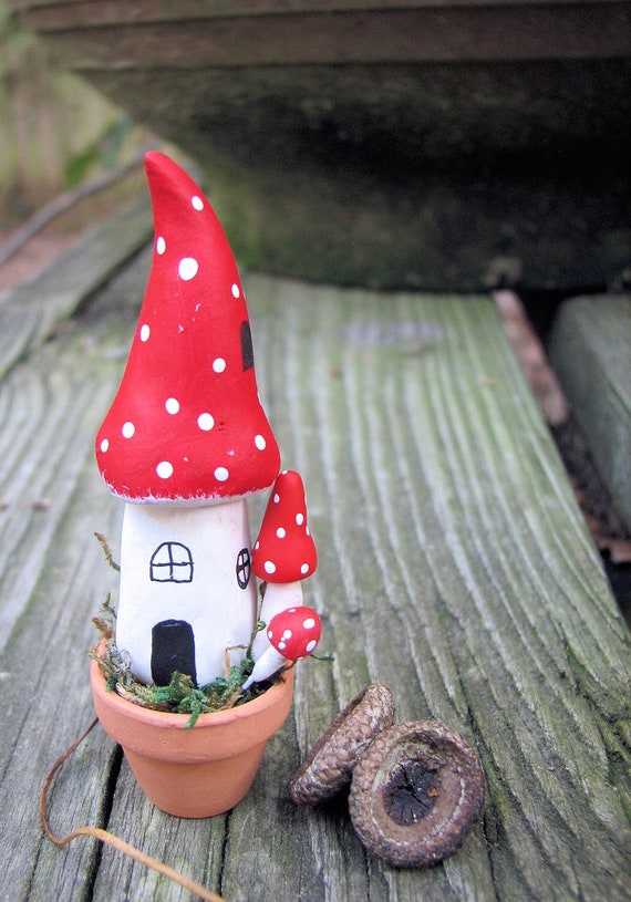 Miniature Fairy Mushroom House in Tiny Clay Pot