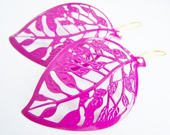 Pink Leaf Skeleton Earrings (free shipping with another item) - affordable gift - bright - fuchsia pink - bold - big