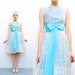 50s Lace Dress - Silver Floral Lace Party Dress - Blue Bow Waist - 1950s Prom Dress - Full Skirt Crinoline Dress - XXS XS