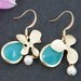 gold orchid blue pearl earrings - glue gem earrings, bridal earrings, wedding earrings, gift for women